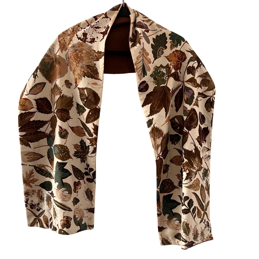 Hermes Scarf Shawl Brown Silk Angora Leaf Print Old Money Luxury Earth Tones